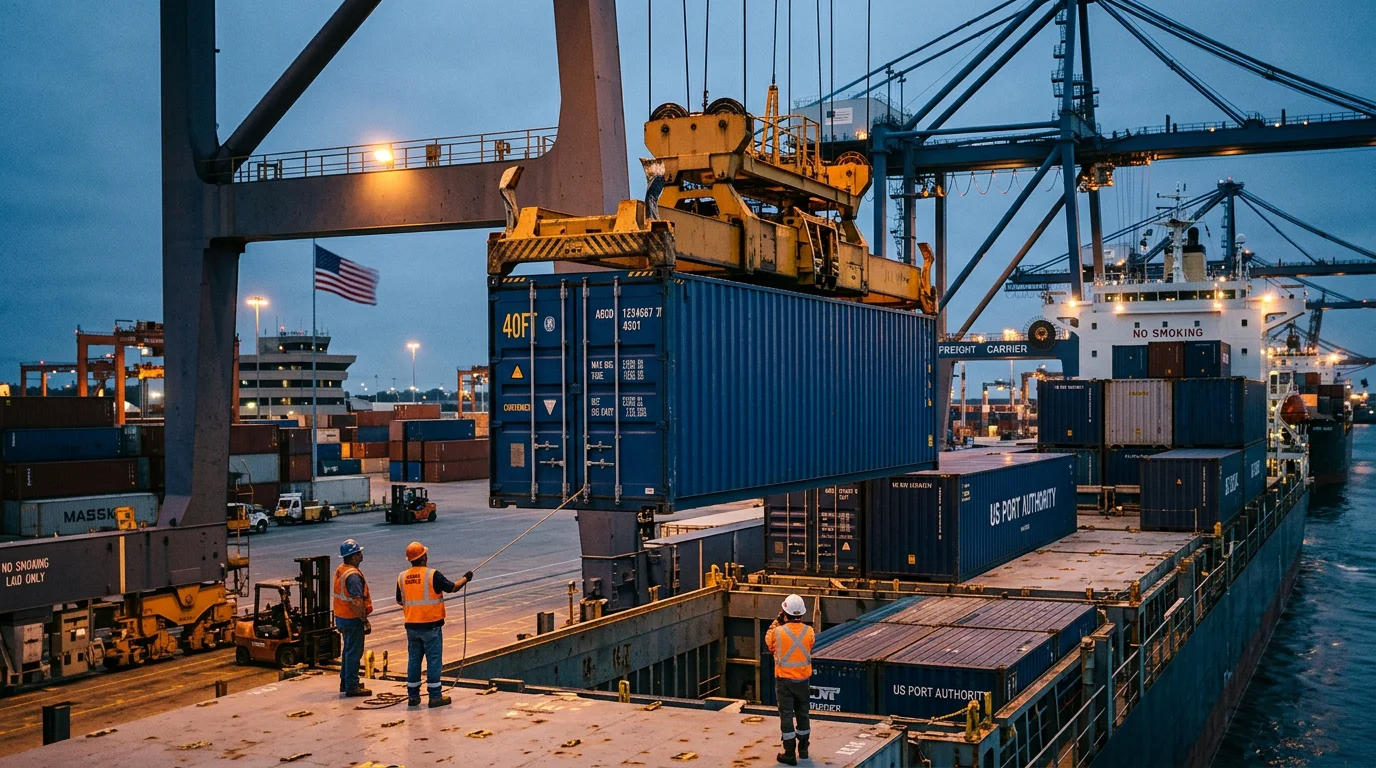 Container being loaded onto a cargo ship at the port of shipment