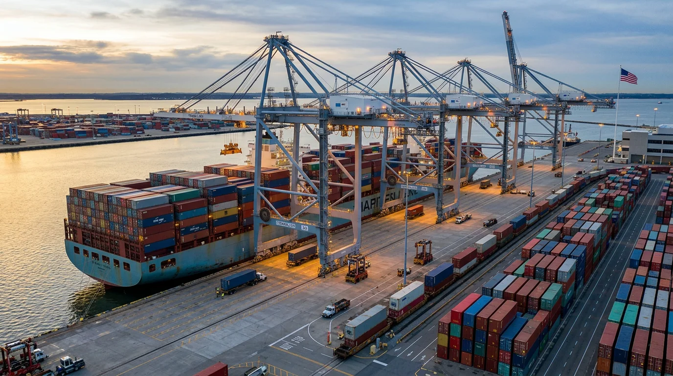Cargo ship being loaded at an international container port, representing FOB ocean freight