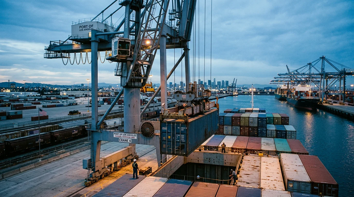 Container being loaded onto an ocean vessel at a port, illustrating the FOB transfer point