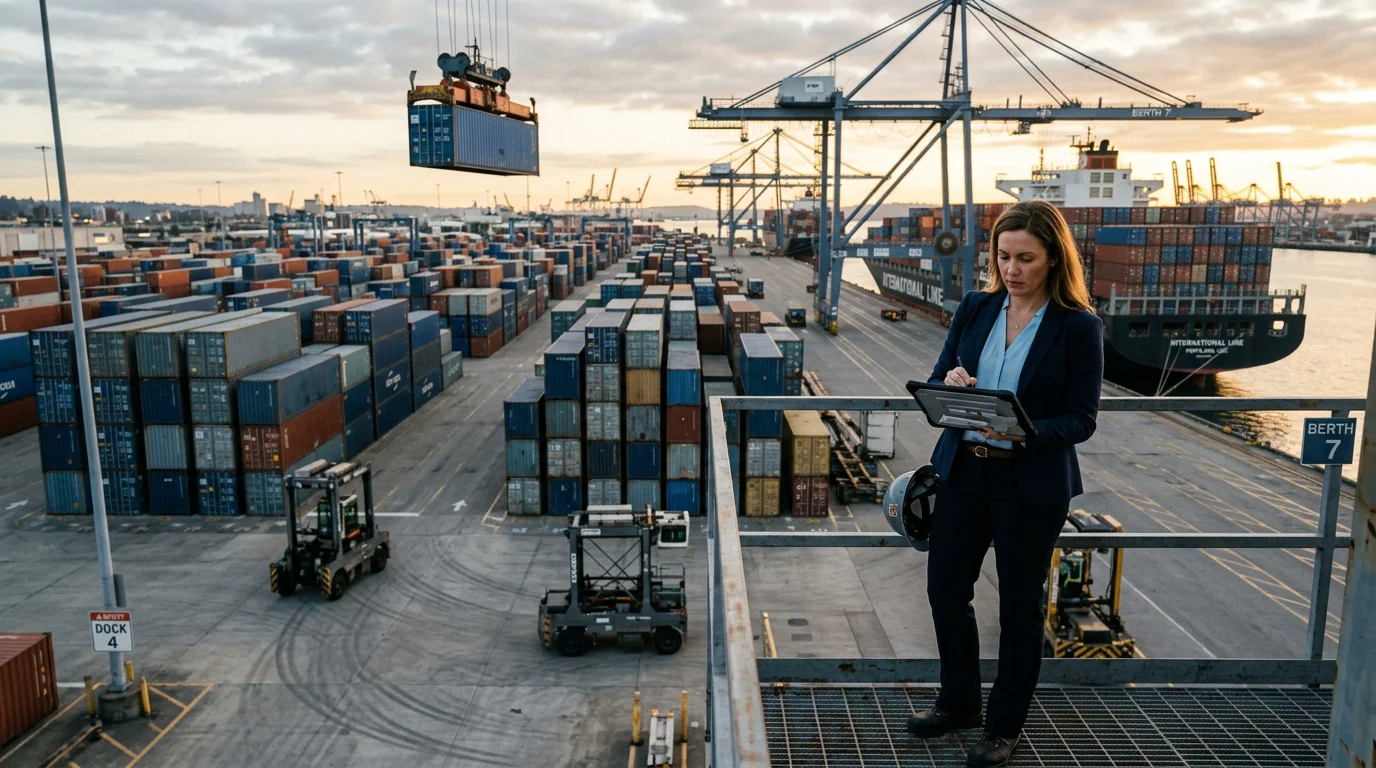 Importer reviewing shipment details at a container port illustrating Ex Works buyer responsibilities