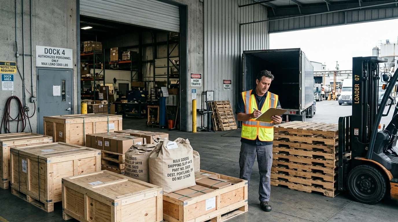 Goods staged at a warehouse loading dock ready for buyer collection under Ex Works terms