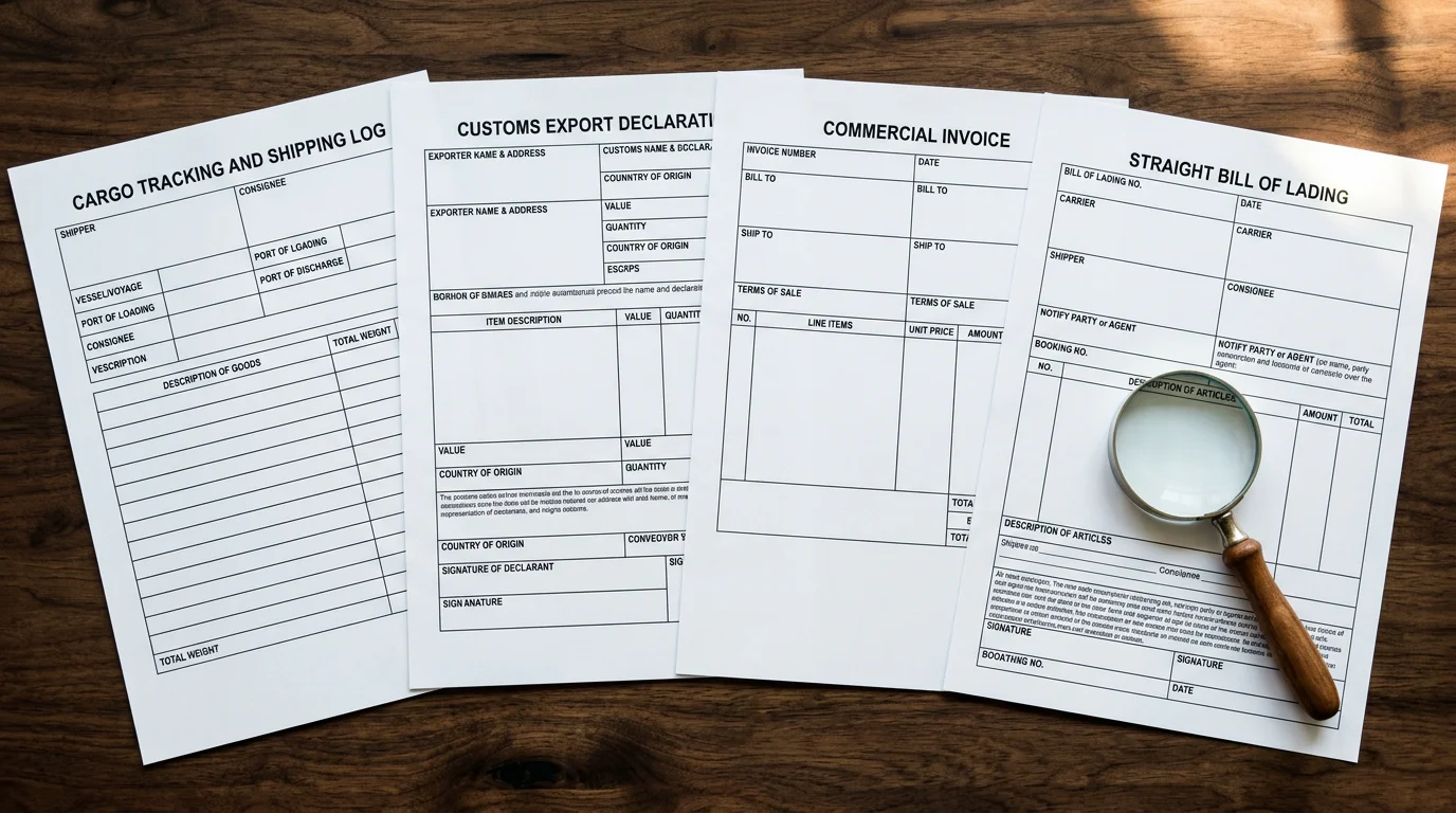 International export and customs documents laid out on a desk representing buyer obligations under EXW