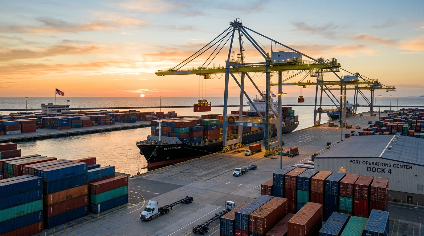 International container port with stacked containers and a gantry crane loading a cargo vessel