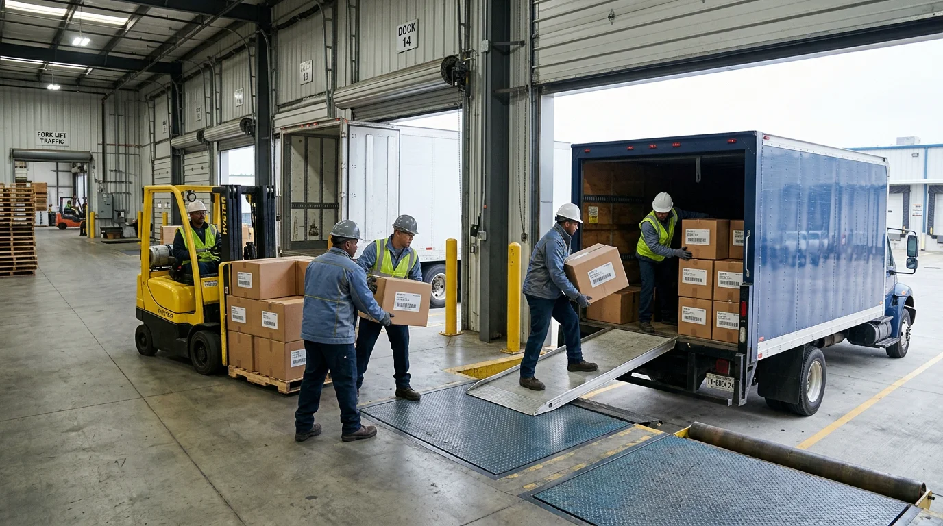 Workers transferring cargo from a truck at a warehouse loading dock under FCA terms