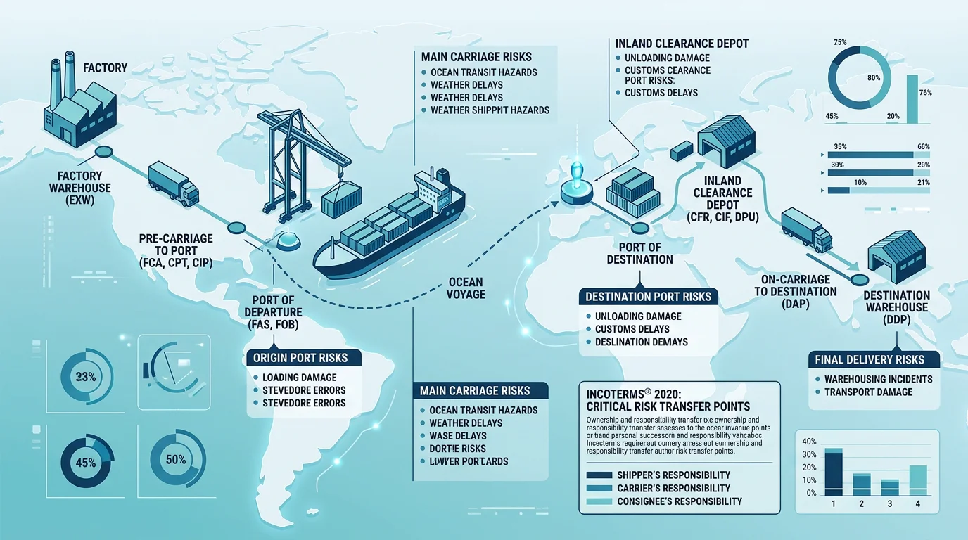 Infographic map showing risk transfer points along an international FCA shipping route
