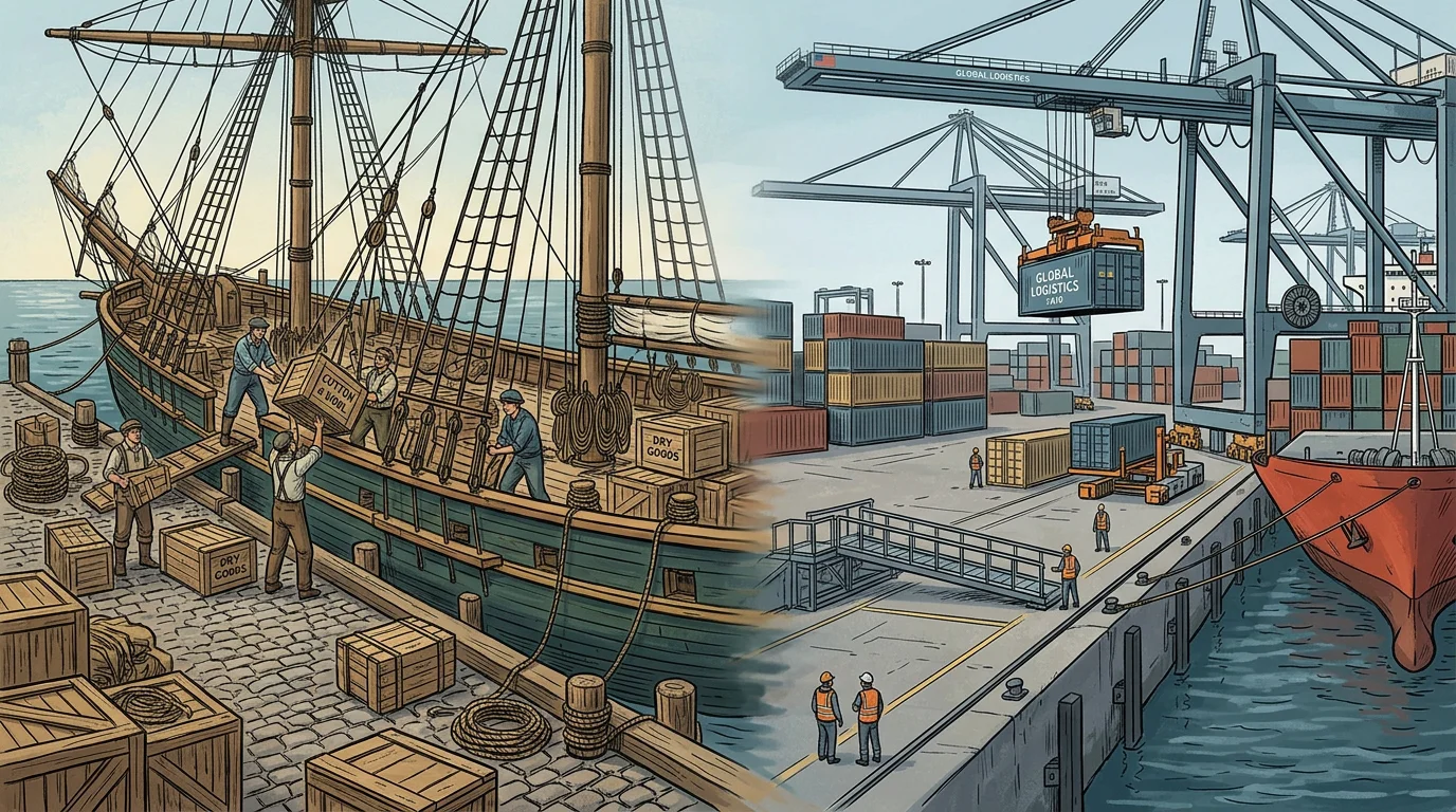 A sailing-era port loading scene blending into a modern container terminal, illustrating the history of Free on Board