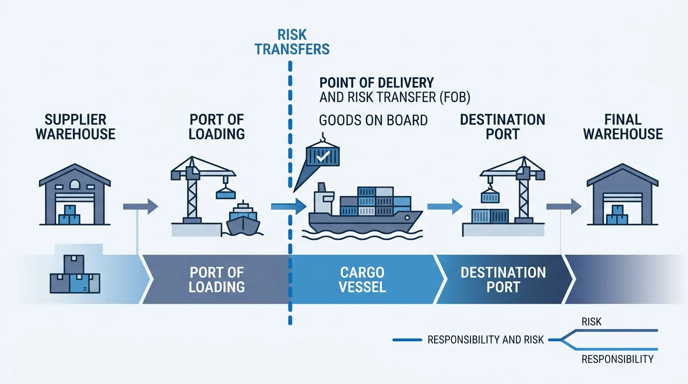 Diagram of a shipping timeline showing where risk transfers under FOB terms from supplier to final warehouse