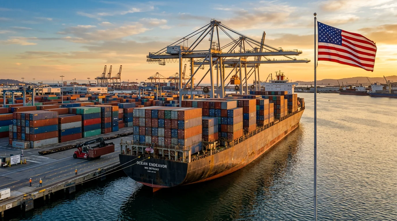 Container ship docked at a US port illustrating FOB freight shipping
