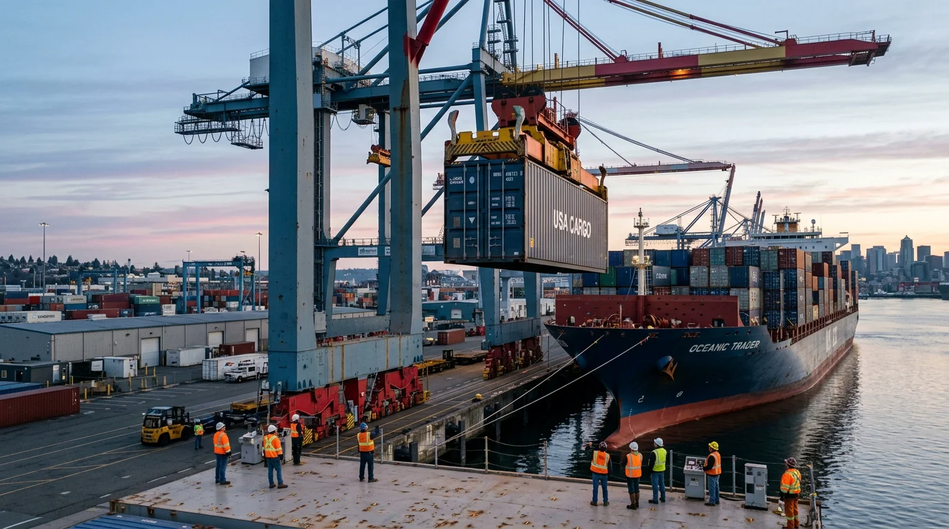 Cargo container being loaded onto an ocean vessel illustrating the FOB handover point