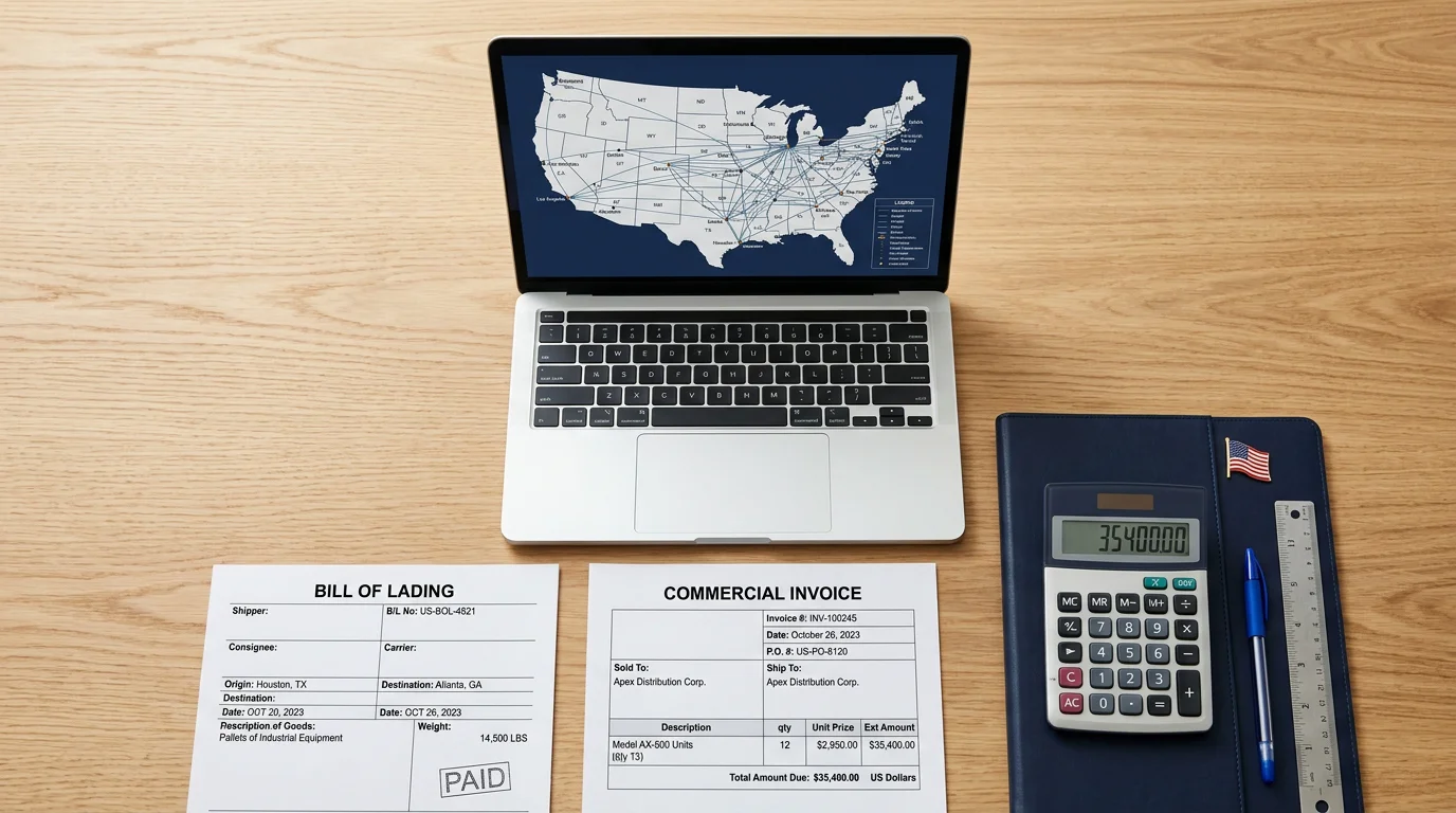 Shipping documents and route planning on a desk representing FOB freight terms