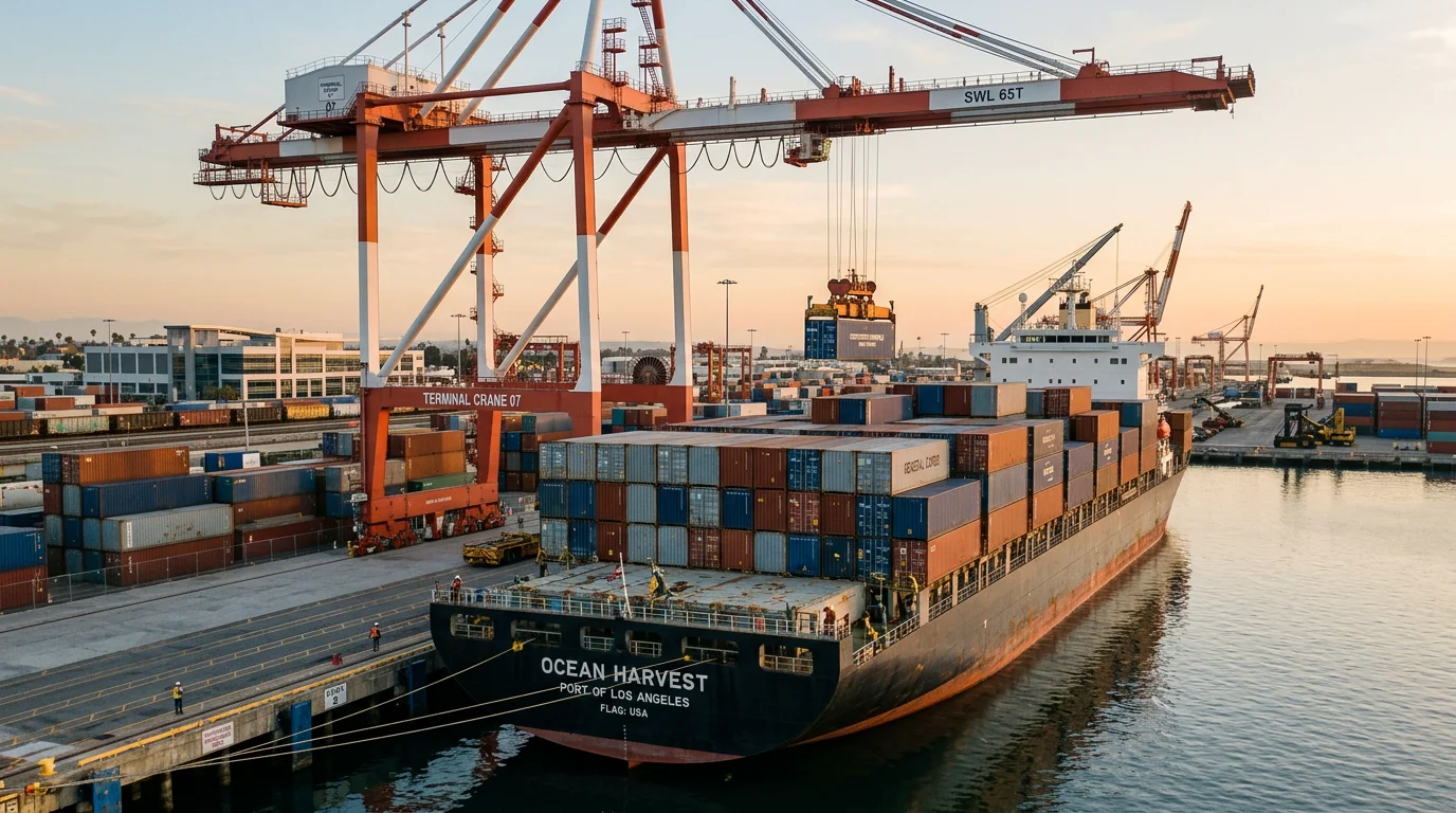 Cargo containers being loaded onto a vessel at a commercial port