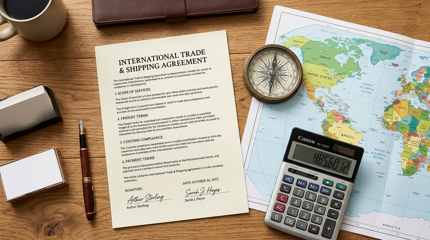 Flat-lay of international shipping contract and trade planning tools
