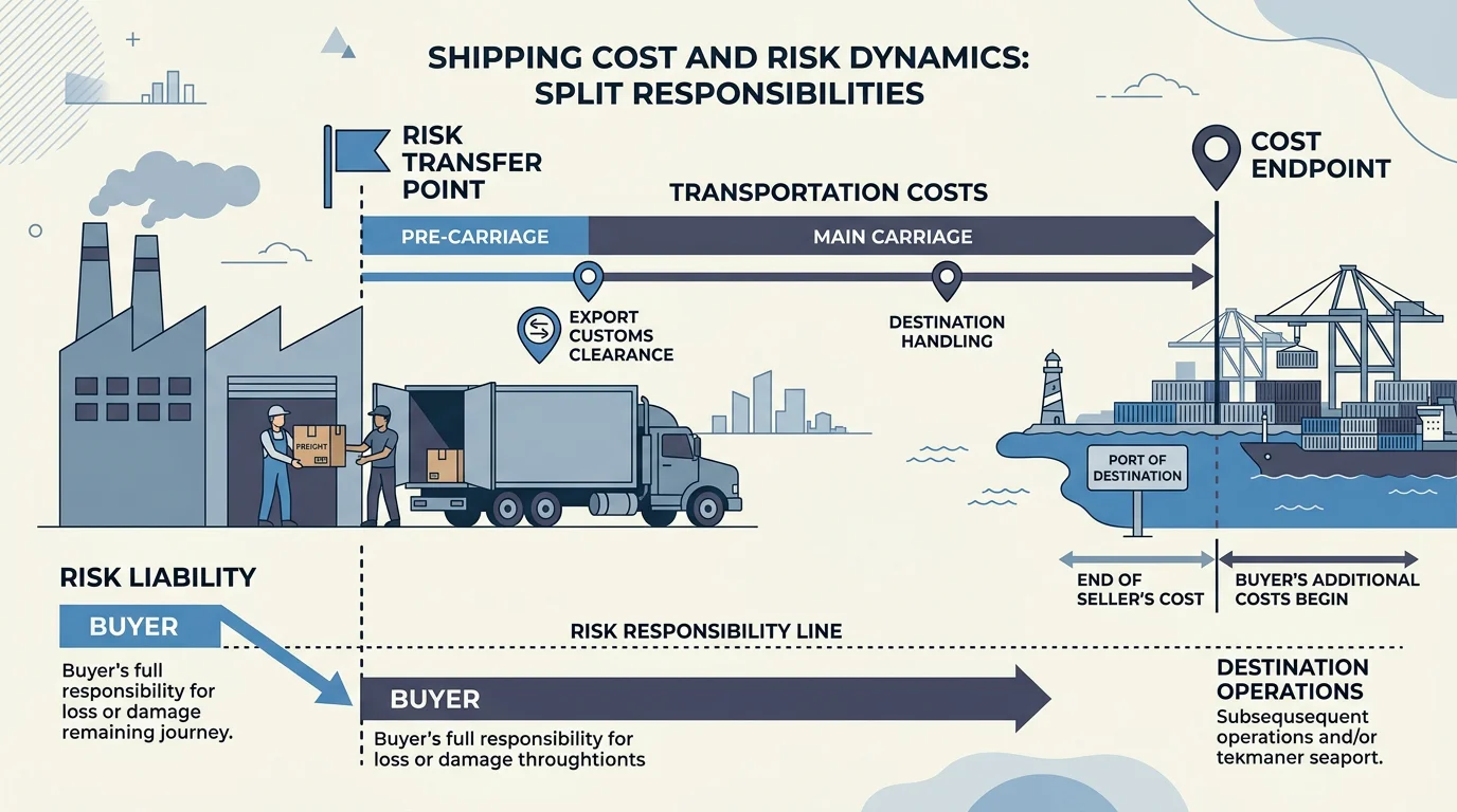 Diagram showing CPT risk transfer at first carrier and cost ending at destination