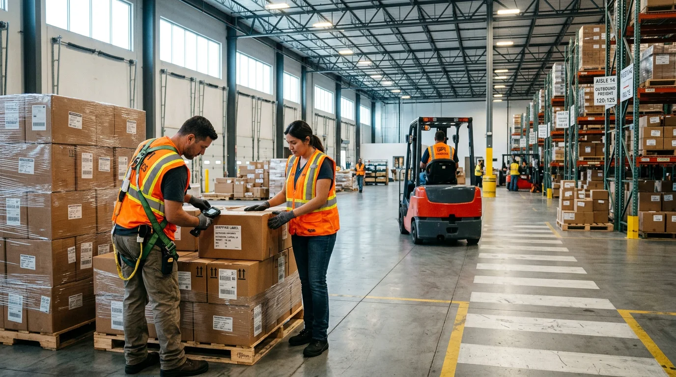Warehouse workers preparing labeled cartons for Amazon FBA freight shipment