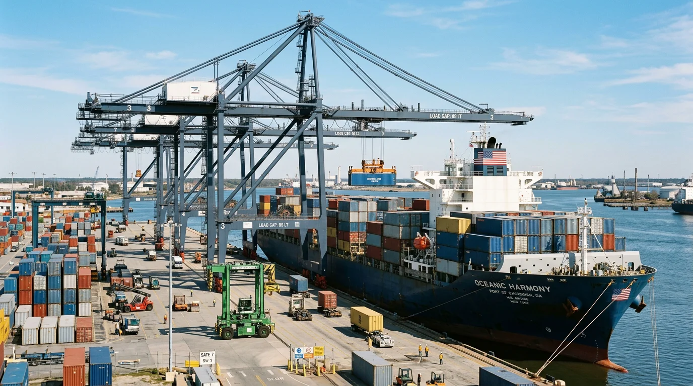 Cargo containers being loaded onto a vessel at a port illustrating the FOB loading point