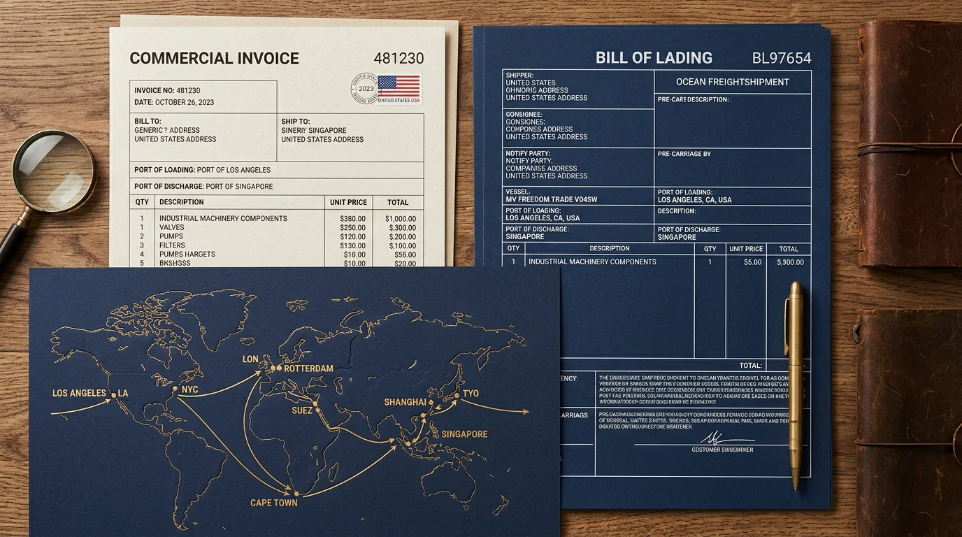 Shipping documents and a route map laid out to illustrate FOB contract terms