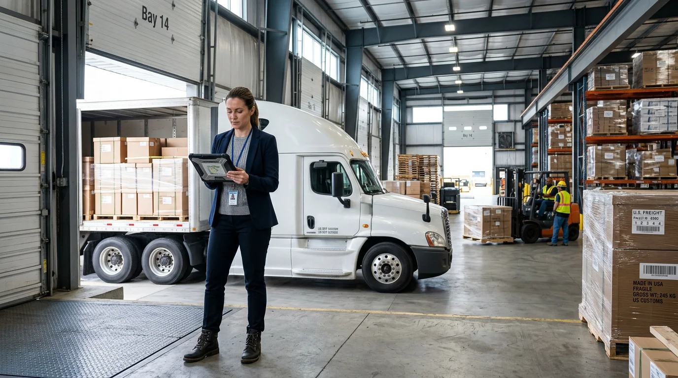 Logistics professional reviewing a shipment on a tablet at a warehouse dock