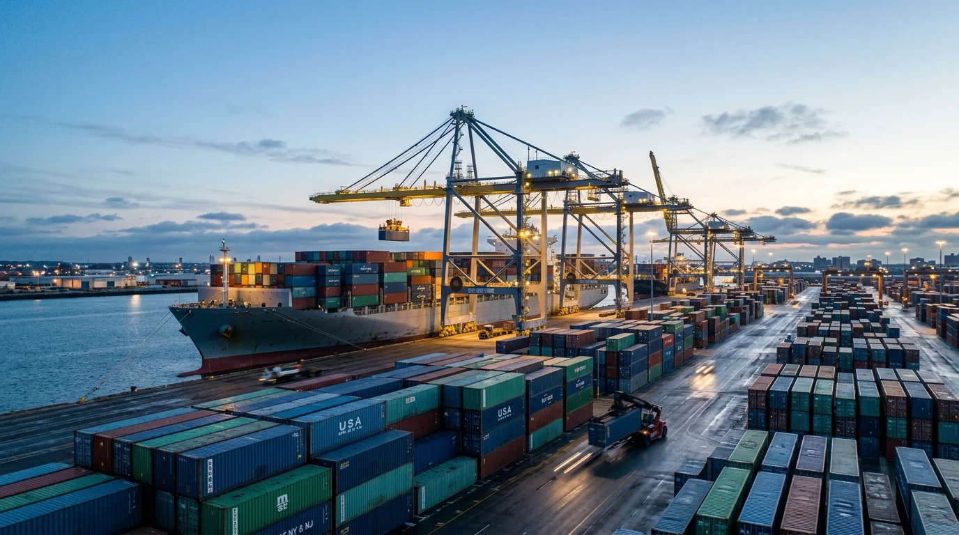 Container port at dawn with cranes loading a cargo vessel
