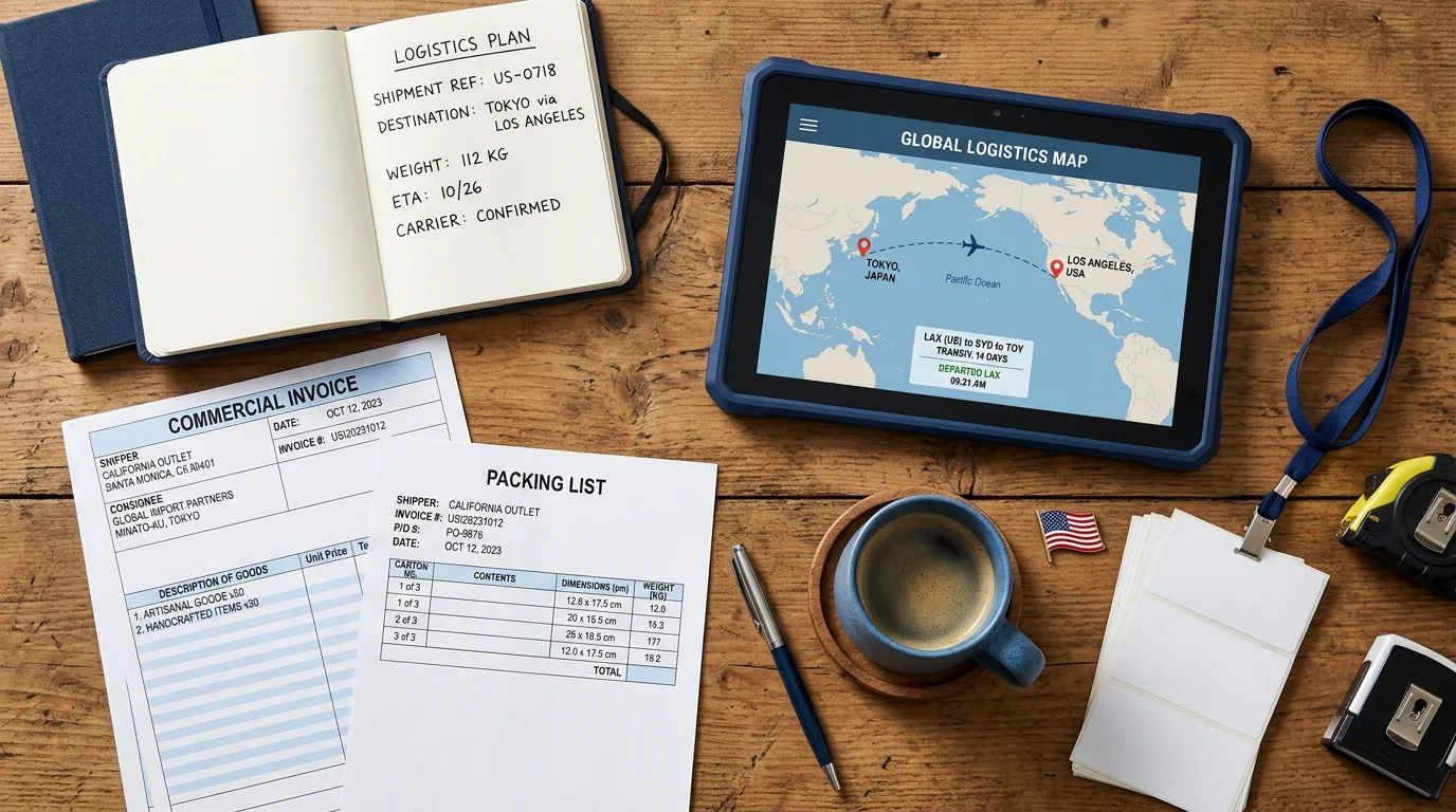 Flat-lay of shipping documents and a route map on a desk
