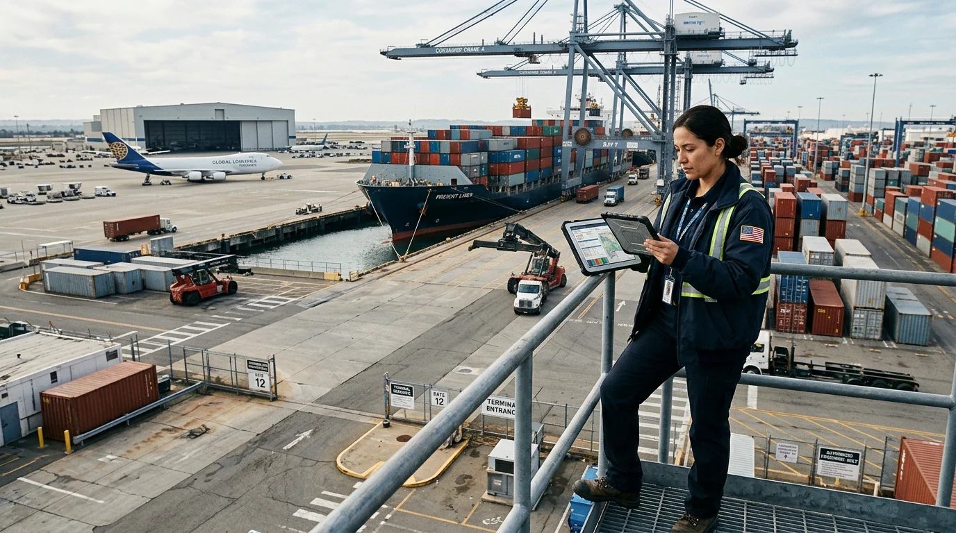 International logistics hub with ship, aircraft and containers