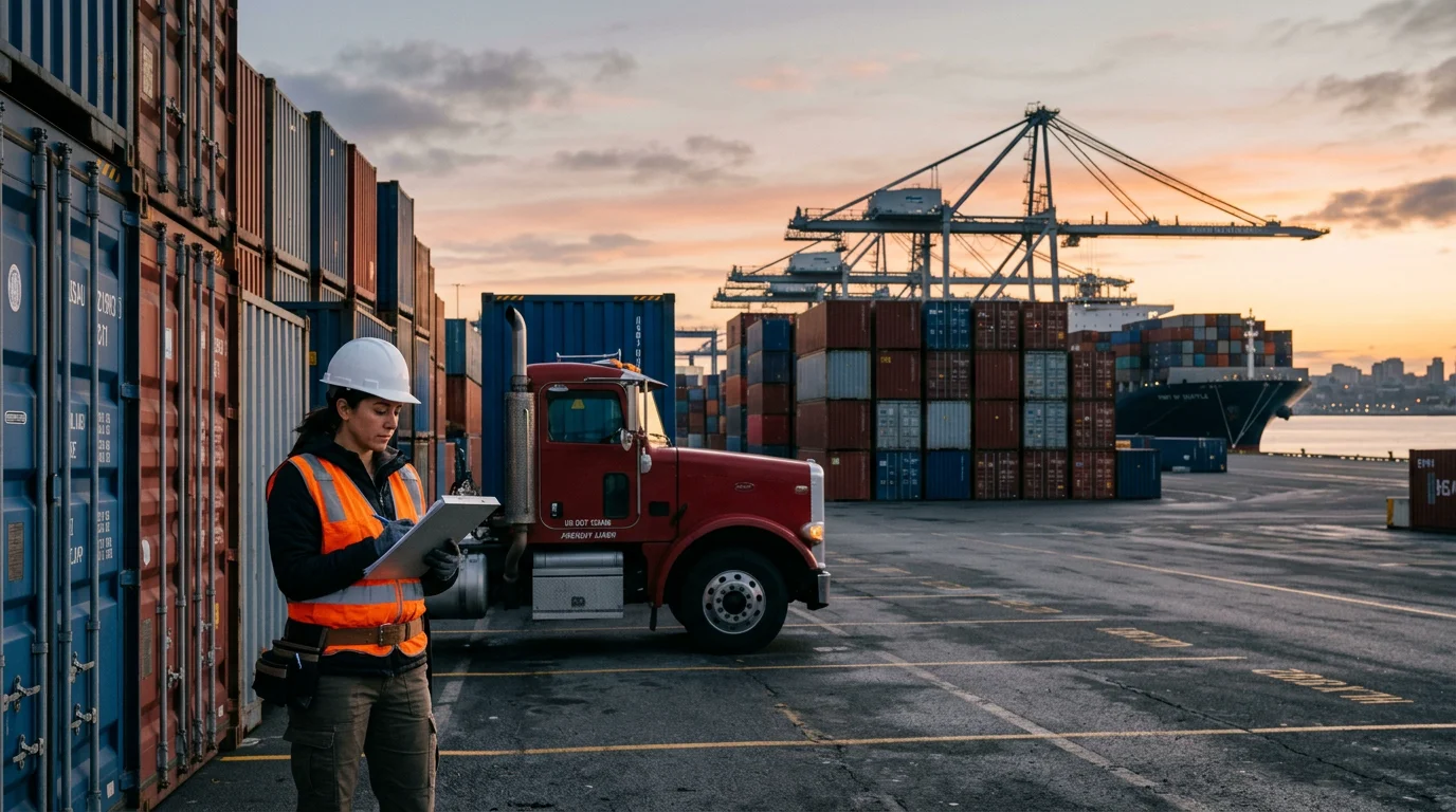 Freight forwarder inspecting containers at a US port terminal at dawn
