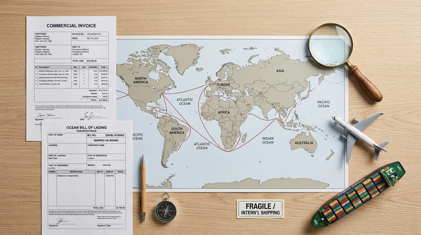 Flat lay of shipping documents and freight models on a trade desk