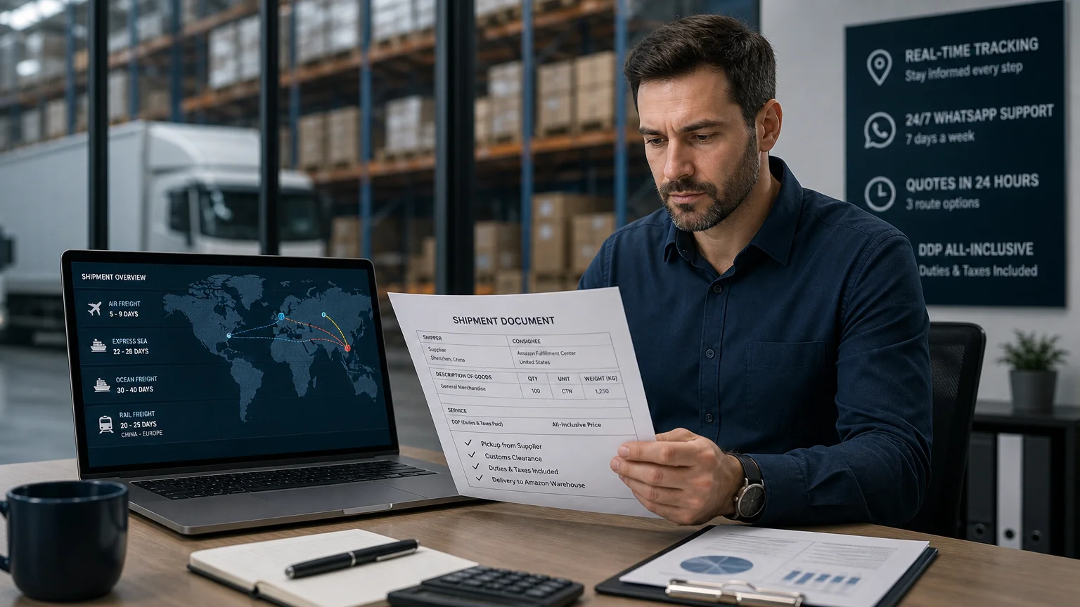 Freight professional reviewing CPT Incoterm shipping documents in a modern office