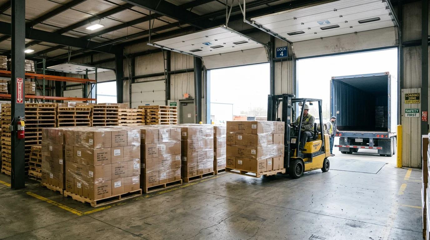 Packaged goods on pallets awaiting buyer pickup at a factory loading dock under Ex Works terms