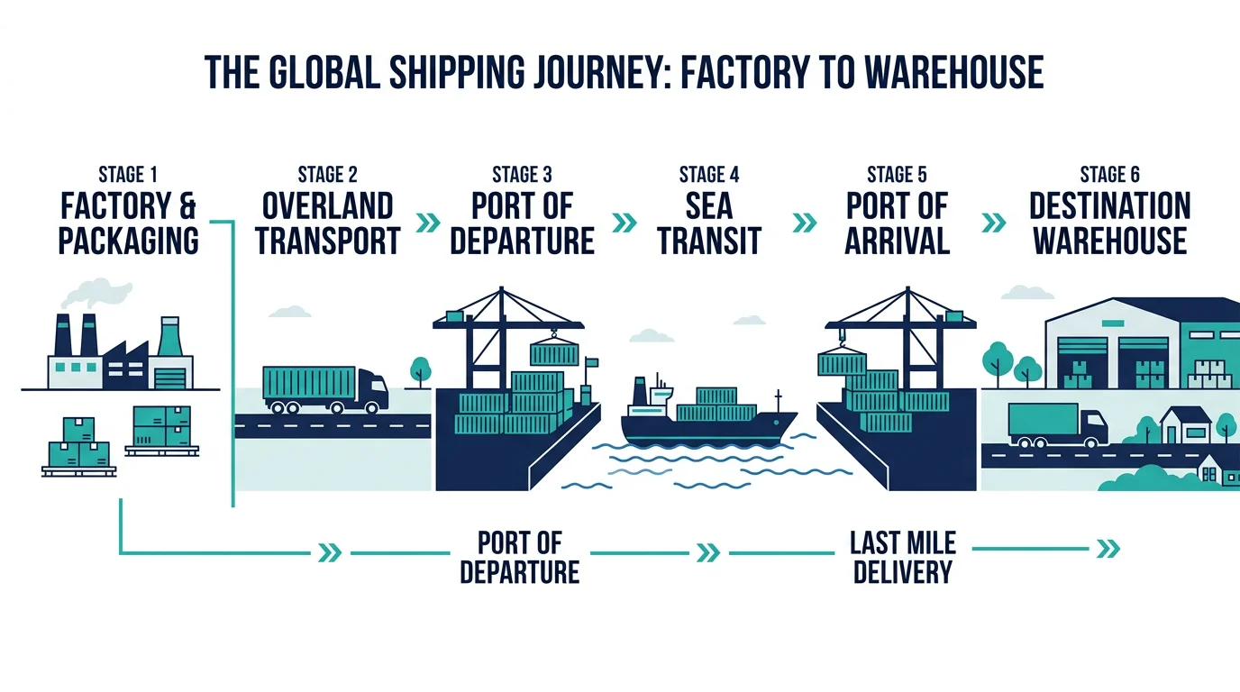 Illustration comparing Incoterms handover points across the international shipping journey