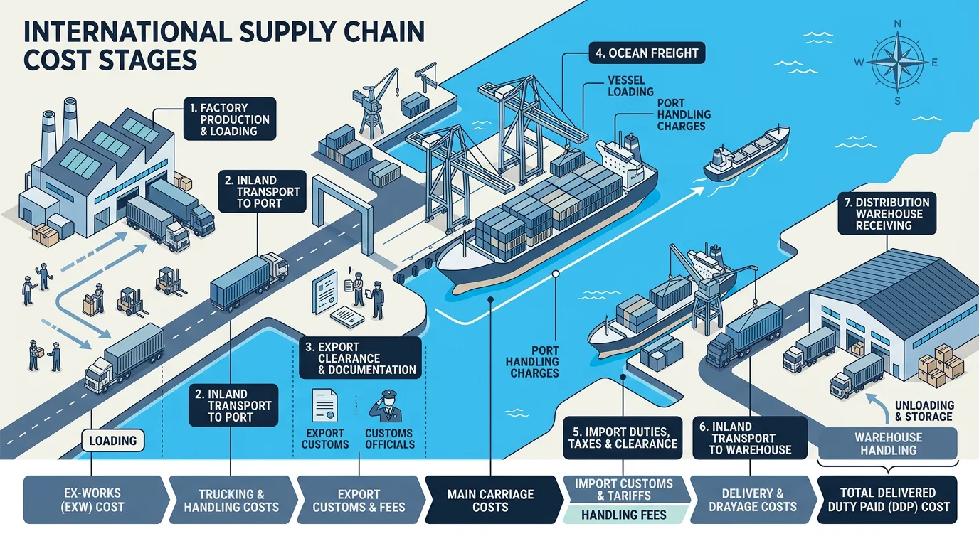 Supply chain diagram showing cost stages excluded from an ex works price