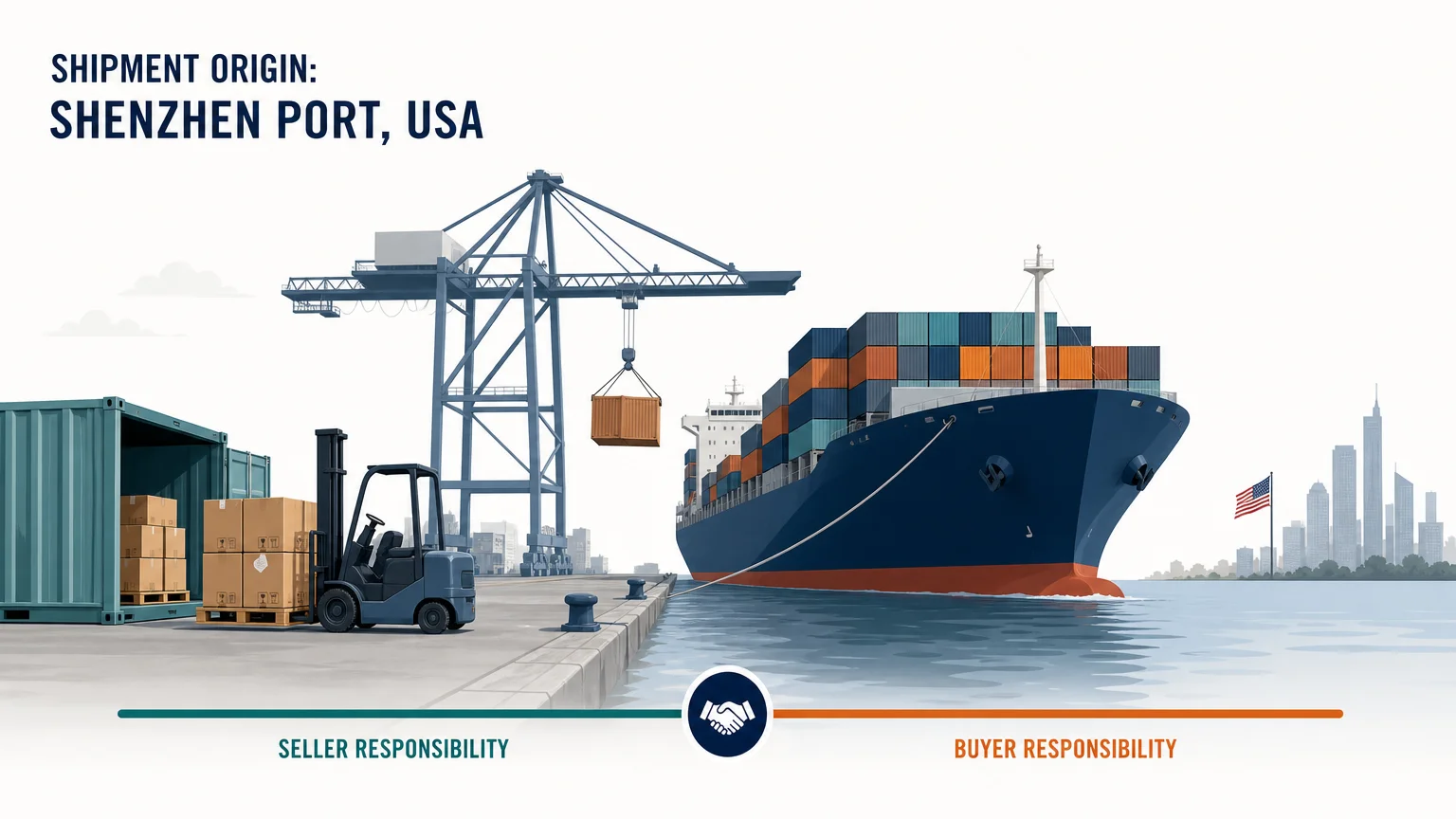 Editorial illustration of FOB cargo handover at an origin port