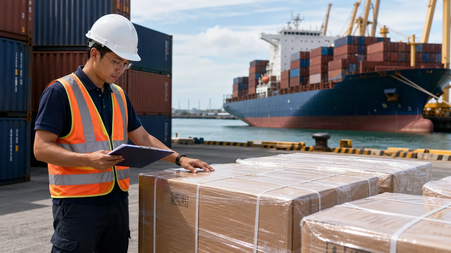 Freight coordinator reviewing cargo near a container terminal and vessel