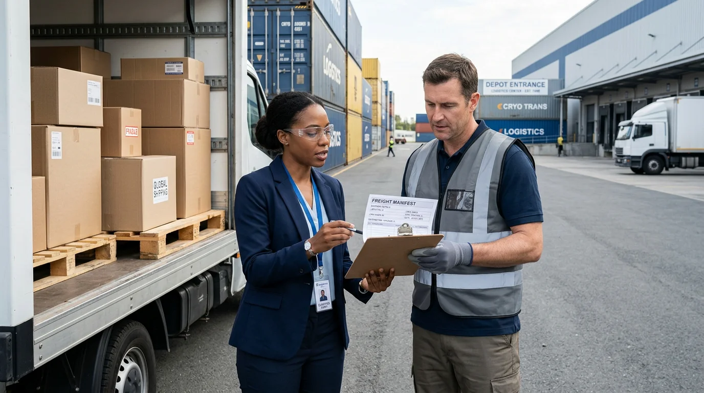 Warehouse worker and forwarder inspecting cargo before handover under FCA terms