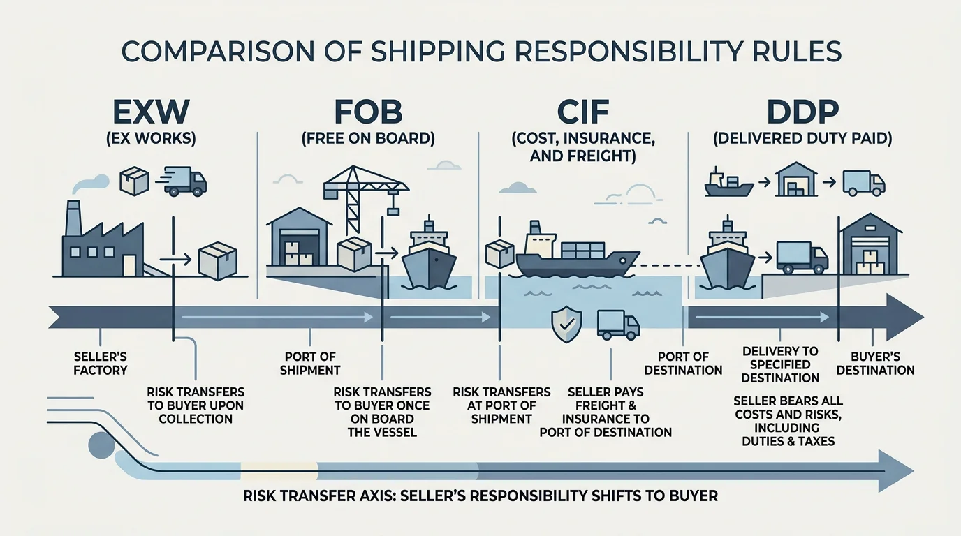 Comparison of FCA, EXW, FOB and DDP along a risk transfer axis