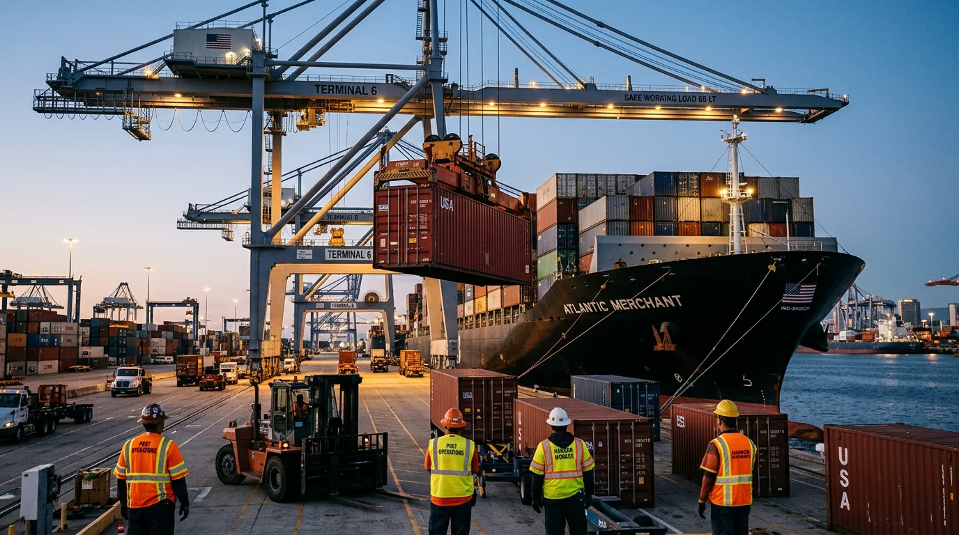 Shipping container being loaded onto a vessel at a port terminal