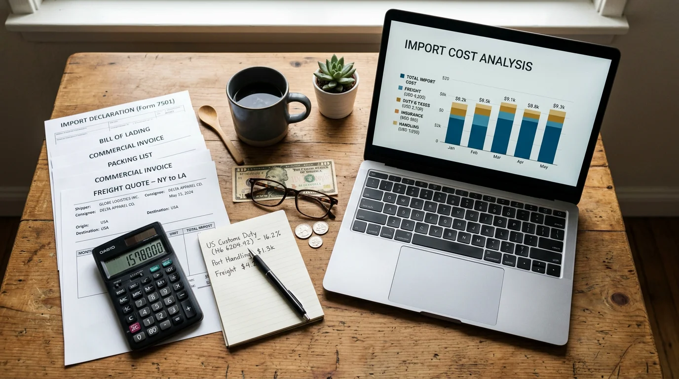 Desk with shipping documents and calculator for import cost planning
