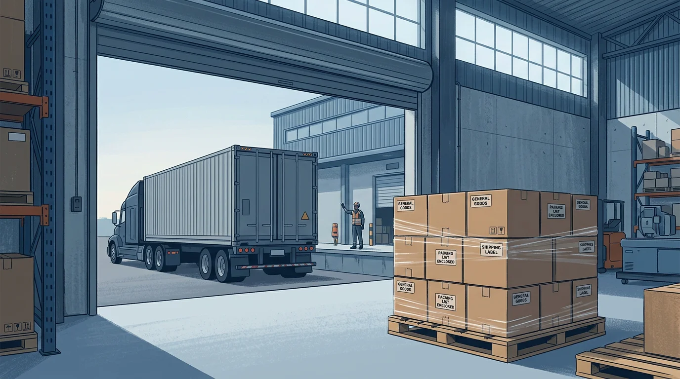 Packaged goods on a pallet at a factory dock waiting for buyer collection under ex works terms
