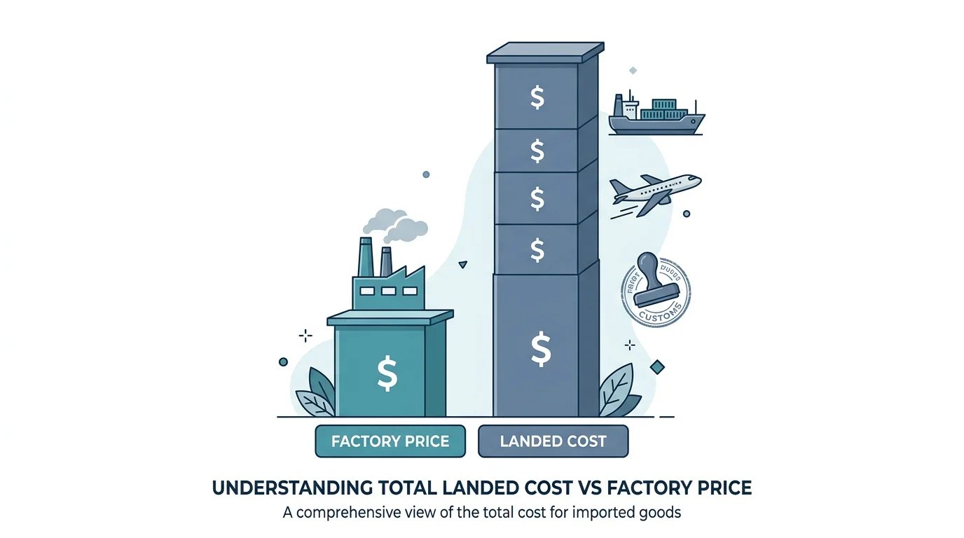 Bar comparison showing a low ex works price against a much higher landed cost
