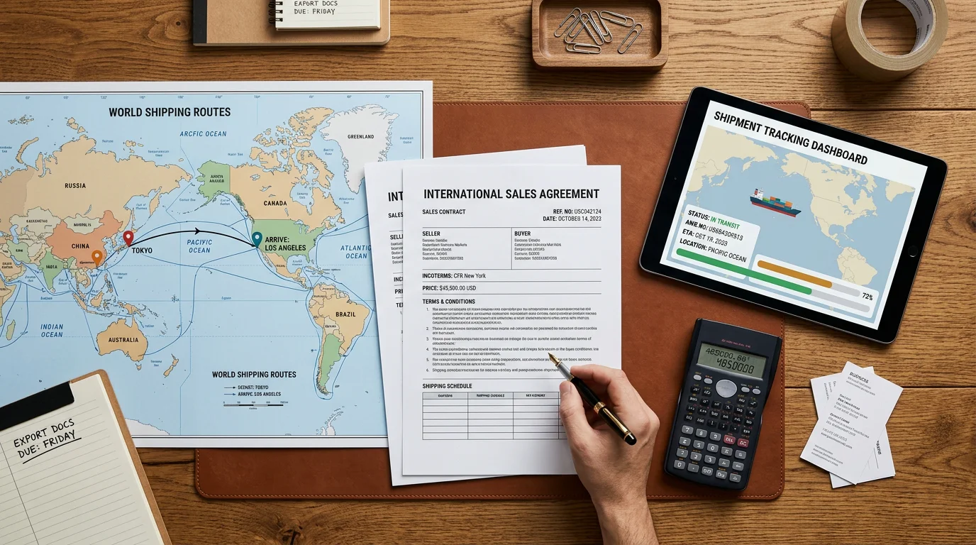 Shipping desk with a sales contract and tracking dashboard illustrating Incoterm decisions