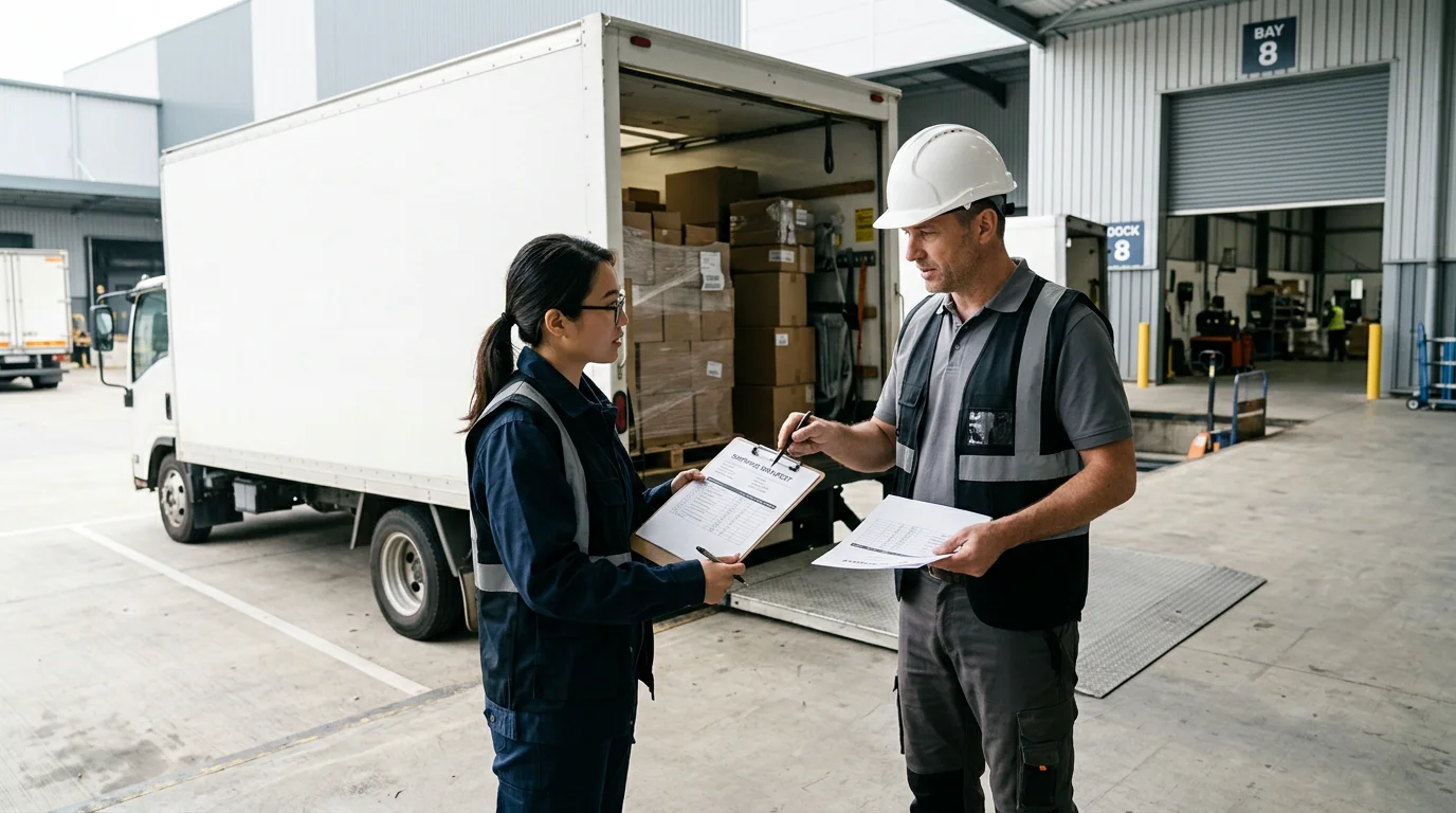 Logistics staff reviewing shipping documents at a warehouse loading dock under FCA terms