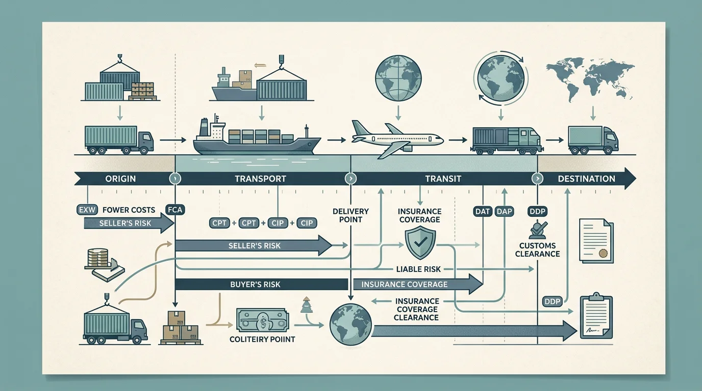 Infographic comparing risk and cost transfer points across FCA, EXW, FOB and DDP Incoterms