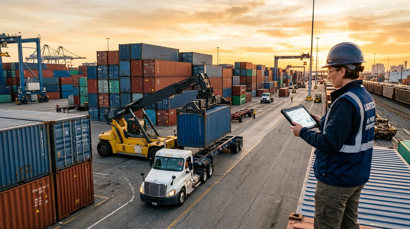 Freight container yard with a truck being loaded and a logistics professional reviewing a tablet