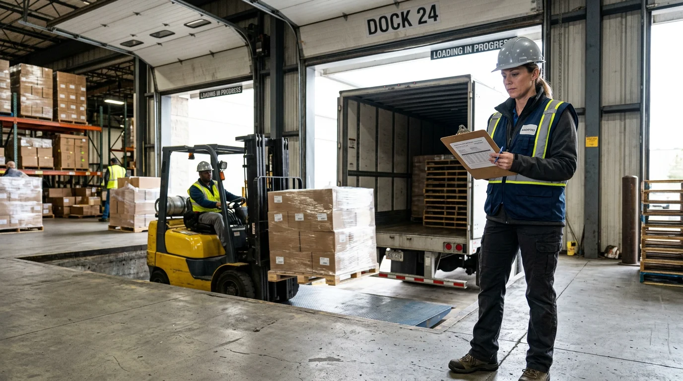 Warehouse coordinator overseeing freight loading onto a truck at a loading dock