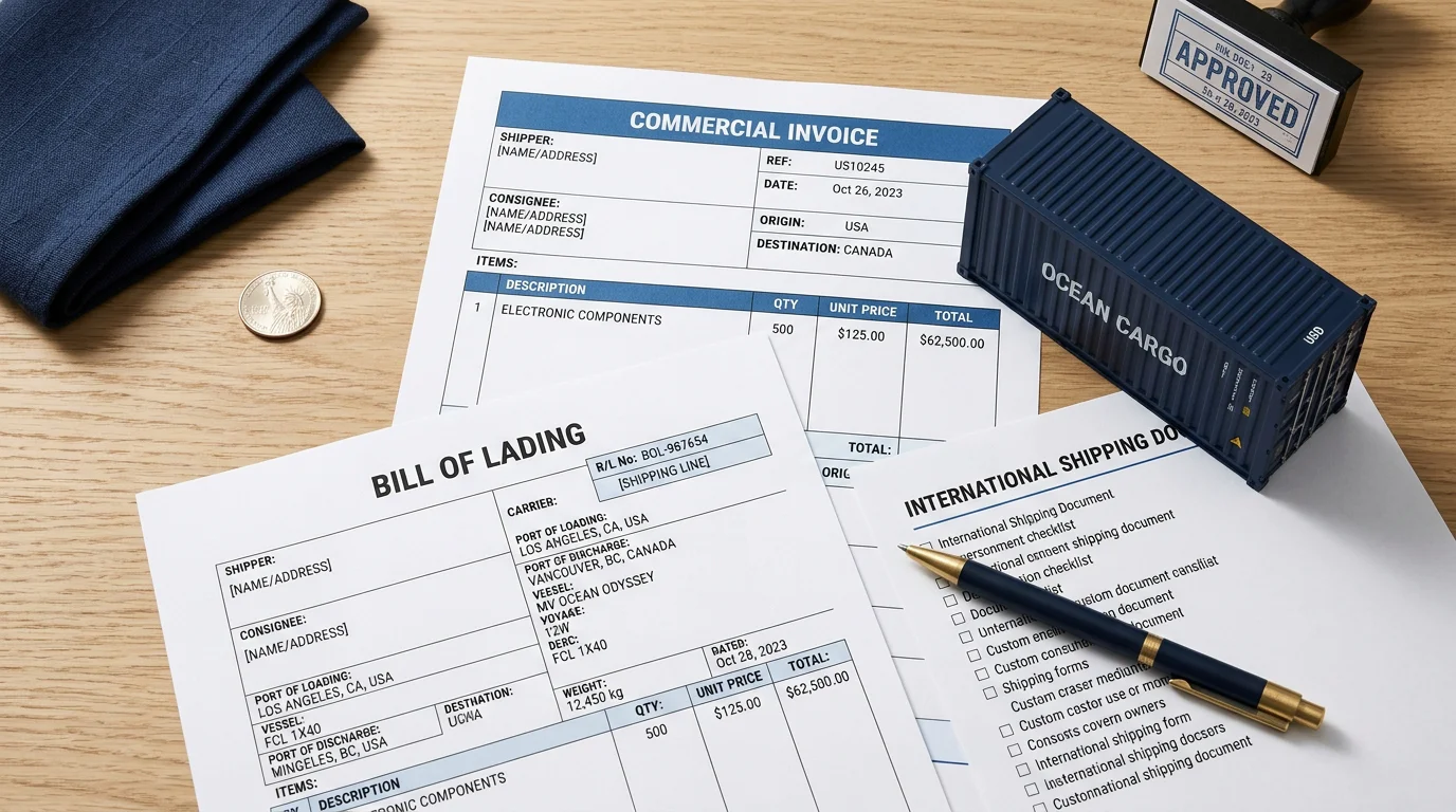Flat lay of shipping documents and a container model on a desk