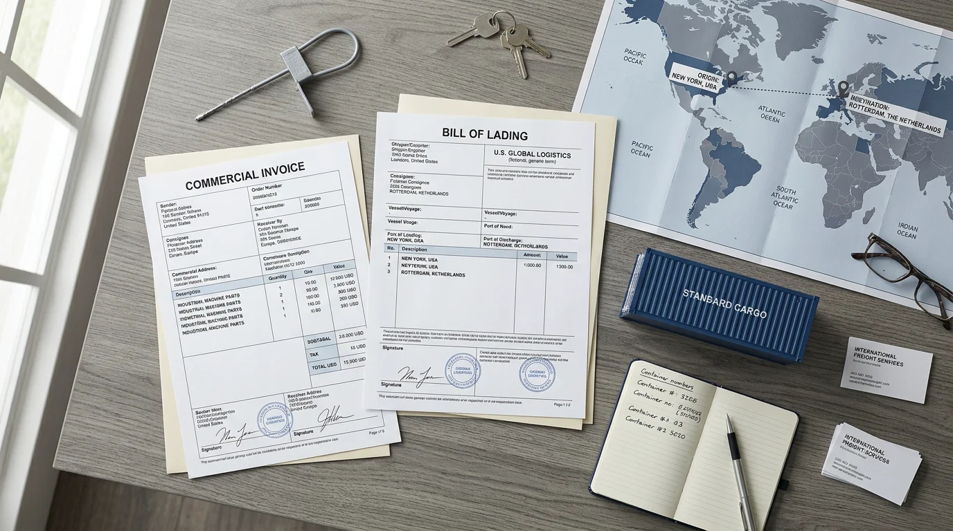 Shipping documents and a container model illustrating CPT delivery obligations