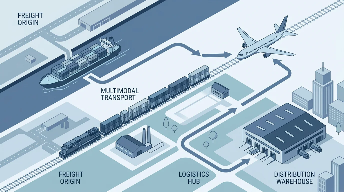 Multimodal freight route showing air, sea and rail transport under CPT