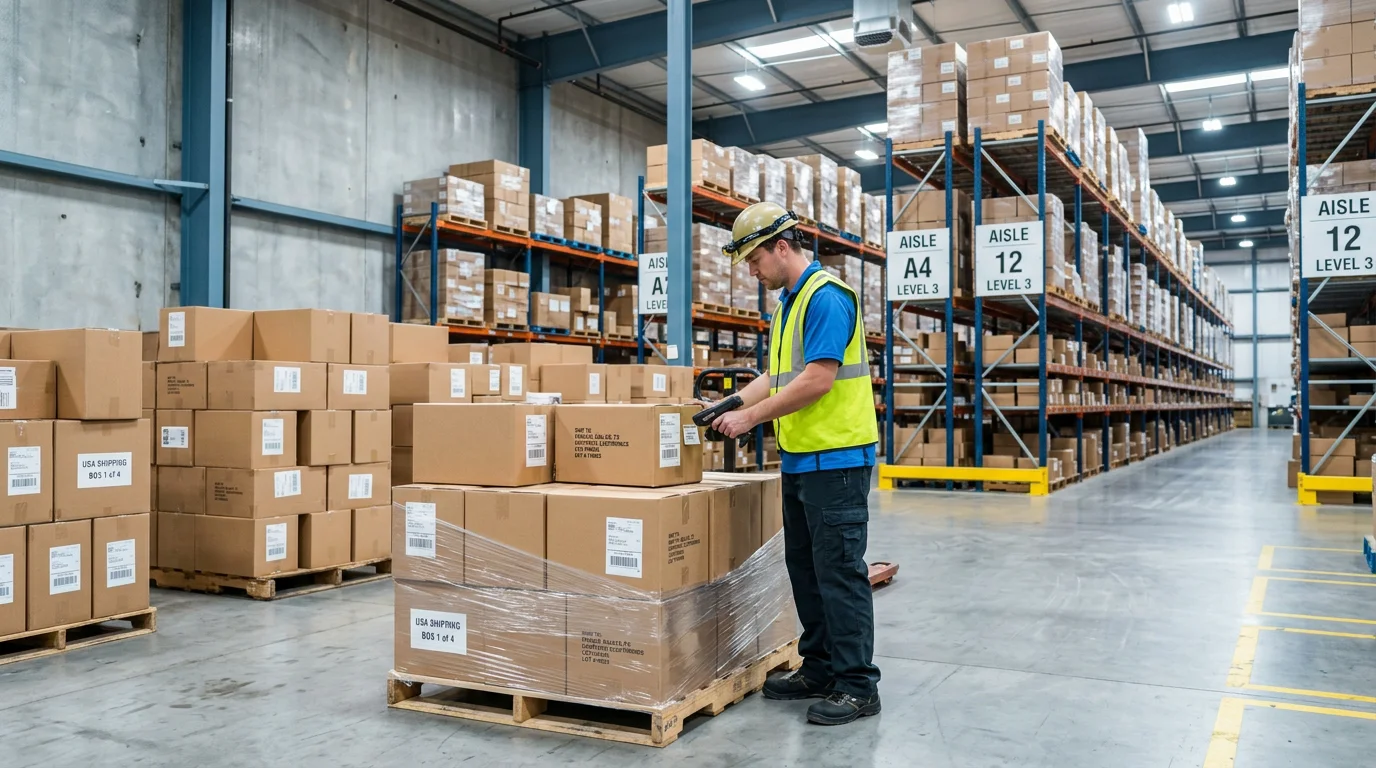 Warehouse worker scanning parcels representing FCA delivery into a fulfillment center