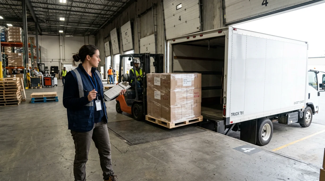 Warehouse worker supervising goods loaded onto a truck under FCA terms