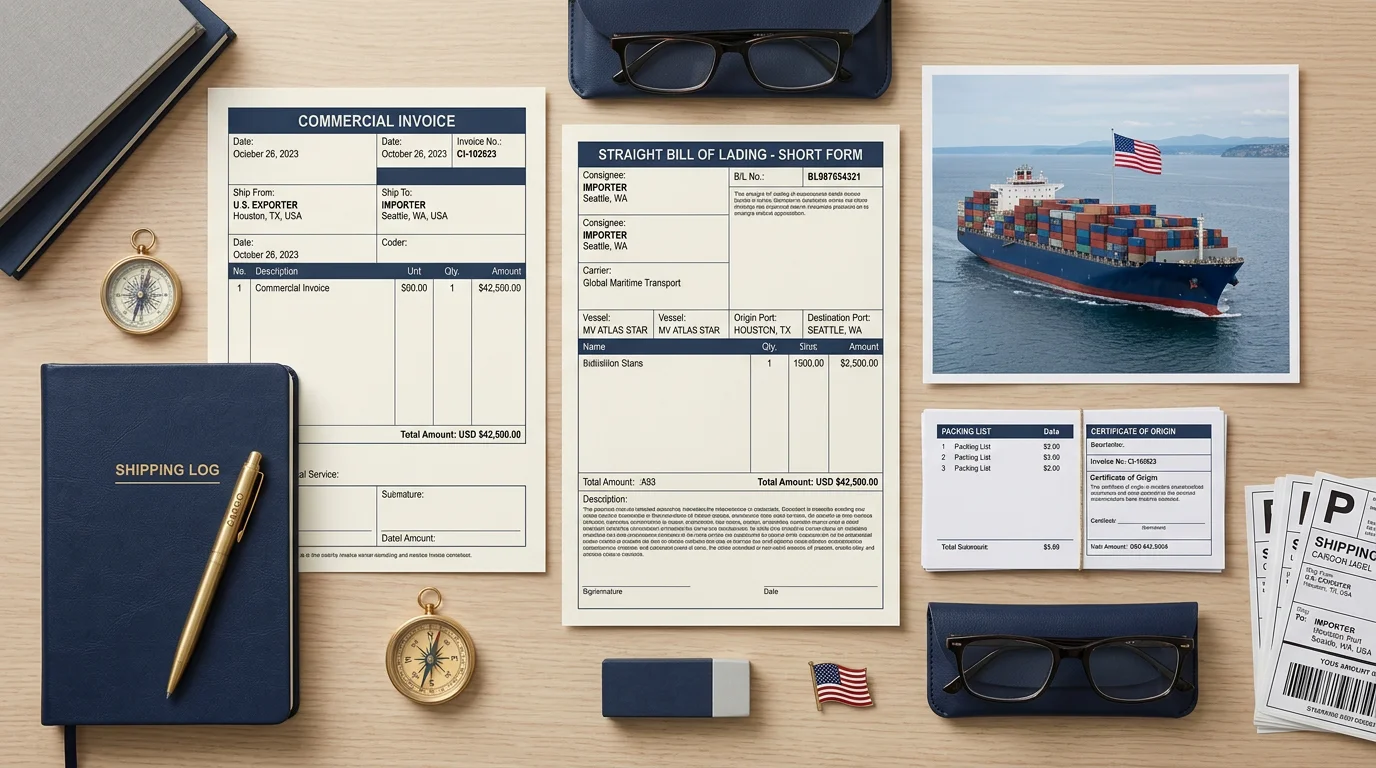 Shipping documents including a bill of lading arranged on a desk