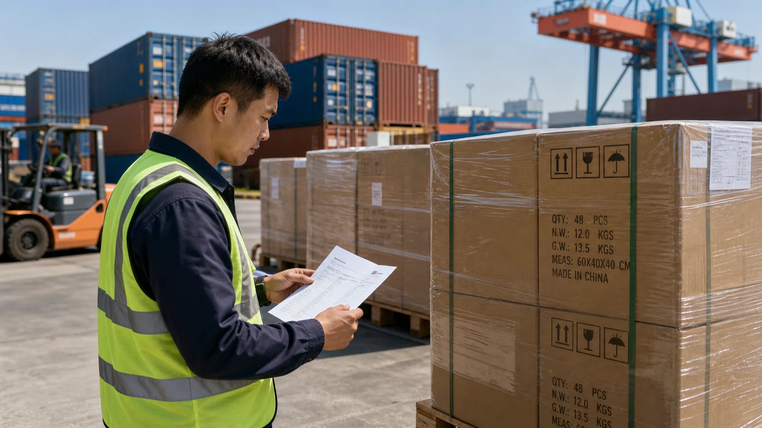 Logistics coordinator checking export cartons at a container terminal